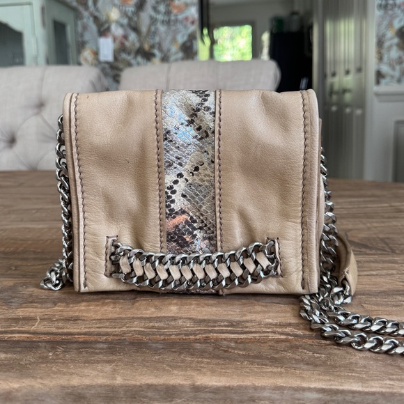 Ramy Brook Handbags - Ramy Brook Chain Leather Crossbody Bag or Clutch with Snakeskin Detailing Silver